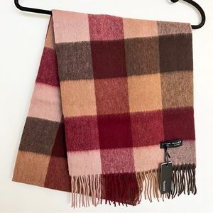 Burgundy Beige Unisex Checkered Wool Scarf Fringe Trim New